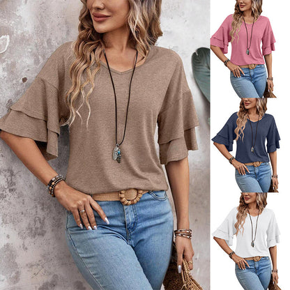 Top Femme Chic – Col V & Manches Volants Mi-longues